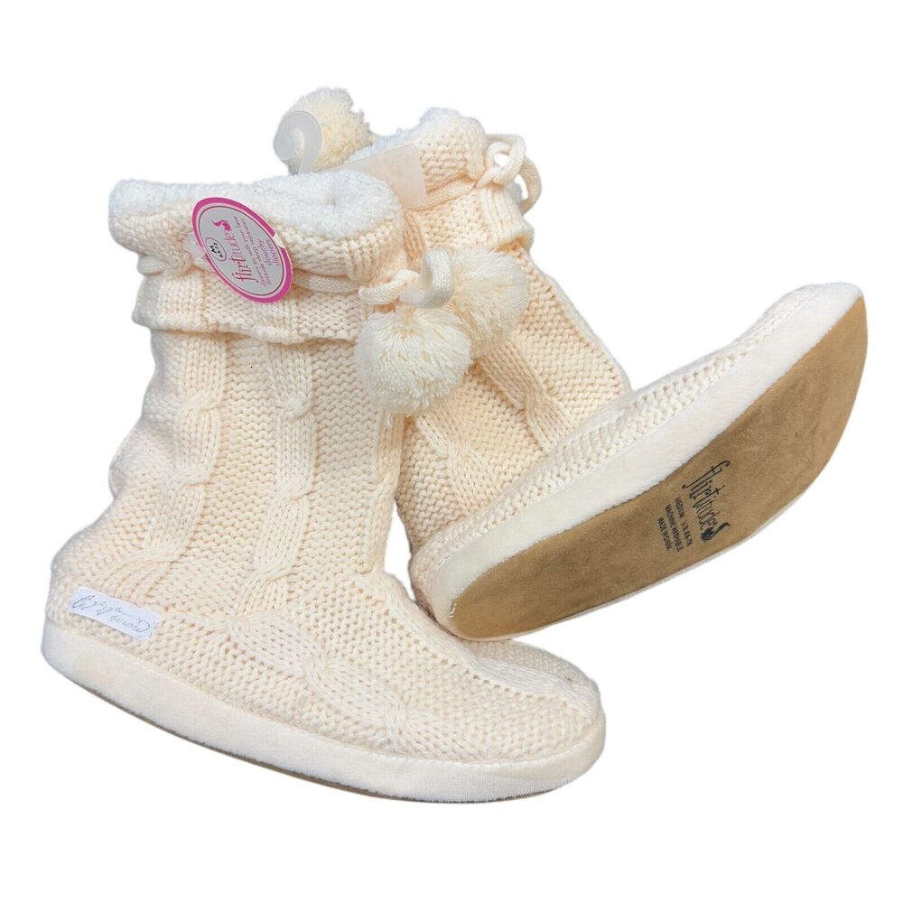 Flirtitude Slouchy Slippers Kids 6.5 - 7.5 Ivory Hand Knitting Crochet Cozy NWT